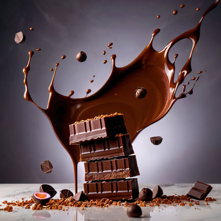 Chunks of luxury dark chocolate, with dynamic melted splash effectの素材