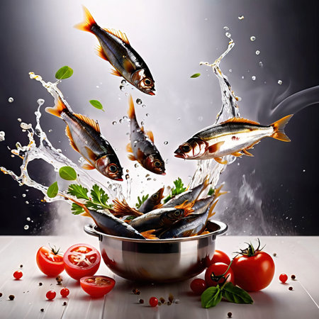Canned cooked sardines in oil, dynamic food photographyの素材