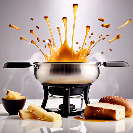 Traditional Swiss dish of melted cheese fondue, dipped with bread and potatoes, dynamic food photographyの素材