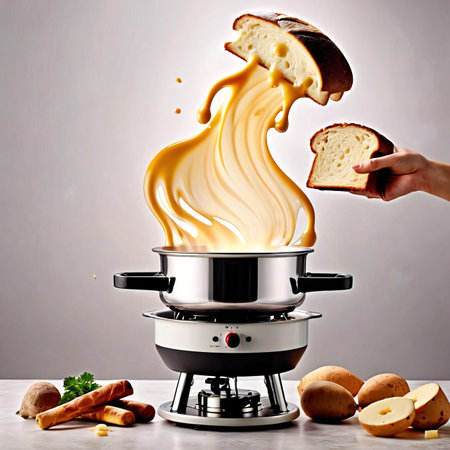Traditional Swiss dish of melted cheese fondue, dipped with bread and potatoes, dynamic food photographyの素材