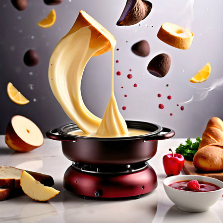Traditional Swiss dish of melted cheese fondue, dipped with bread and potatoes, dynamic food photographyの素材