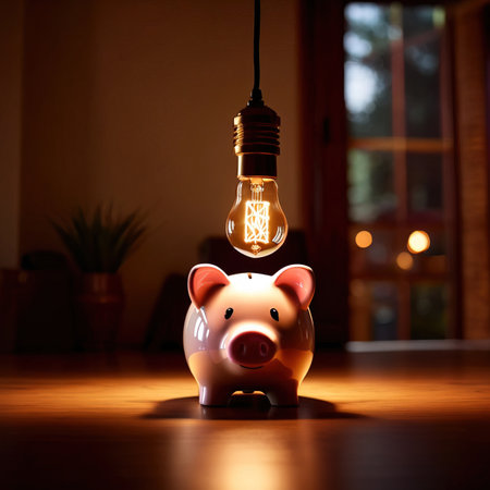 Piggybank with bright lightbulb, showing inspiration and successful ideas in savings and investmentの素材