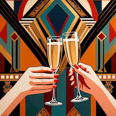 Hands holding champagne glass, toasting cheer in celebration, vintage retro art deco illustrationの素材
