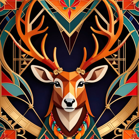 Christmas reindeer, holiday seasonal traditional decoration, vintage art deco illustrationの素材