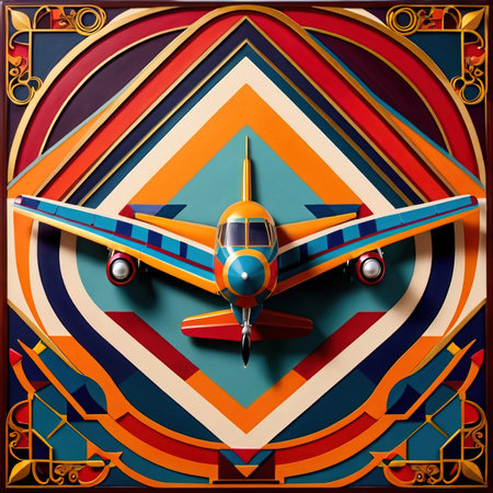 Airplane, retro vintage air travel in art deco style illustrationの素材