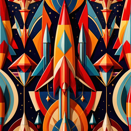 Rocket spaceships flying in space, retro futuristic illustration in art deco styleの素材