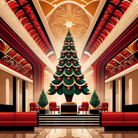 Christmas tree in building lobby, corporate business christmas in luxury retro art deco styleの素材