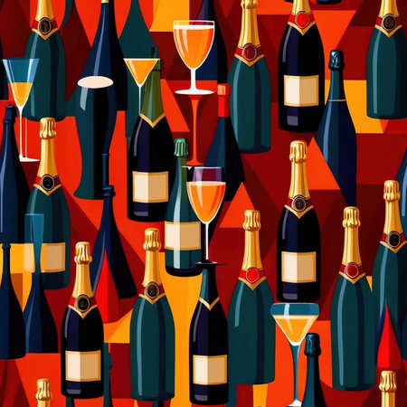 Bottles and glasses of champagne and wine in party celebration  environment, retro vintage art deco illustrationの素材