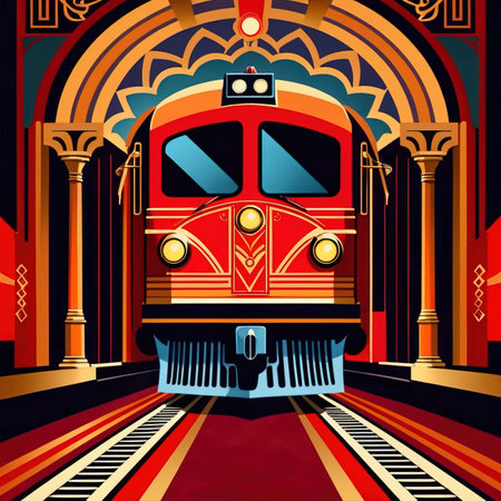 Luxury train railway travel, elegant retro vintage art deco illustrationの素材