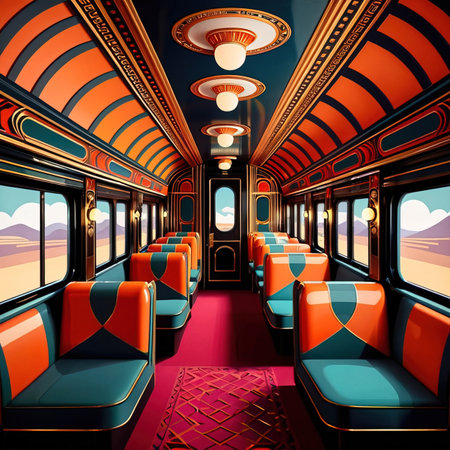 Luxury train railway travel, elegant retro vintage art deco illustrationの素材