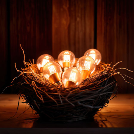 Bird's nest, nestegg of lightbulbs, showing storage and protection of ideas and creativityの素材