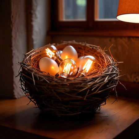 Bird's nest, nestegg of lightbulbs, showing storage and protection of ideas and creativityの素材