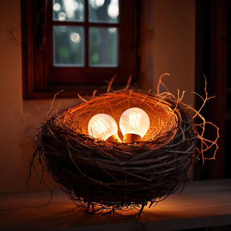 Bird's nest, nestegg of lightbulbs, showing storage and protection of ideas and creativityの素材
