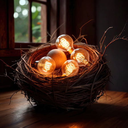 Bird's nest, nestegg of lightbulbs, showing storage and protection of ideas and creativityの素材