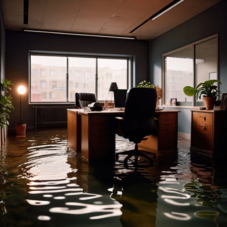 Flooded office room, with water damage and insurance problemsの素材