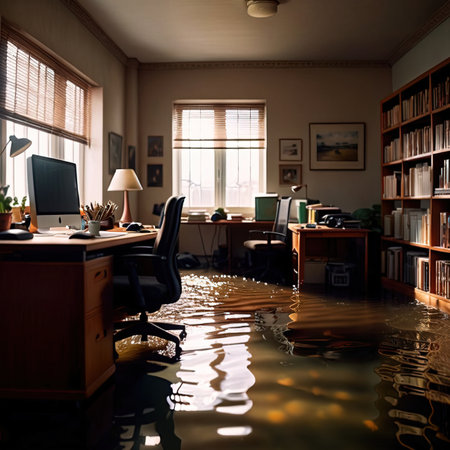 Flooded office room, with water damage and insurance problemsの素材