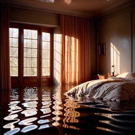 Flooded bedroom in house, with water damage and insurance problemsの素材