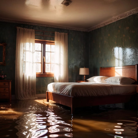 Flooded bedroom in house, with water damage and insurance problemsの素材