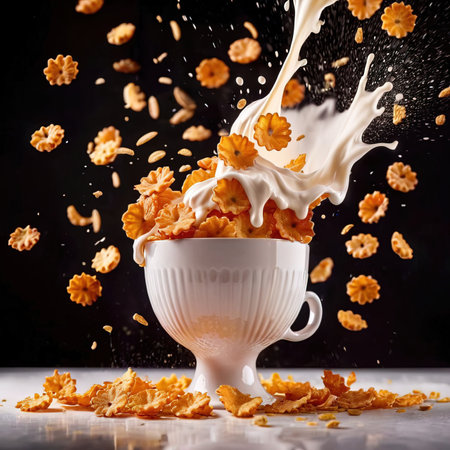 Corn flakes breakfast cereal with fresh milk, dynamic splash food photographyの素材