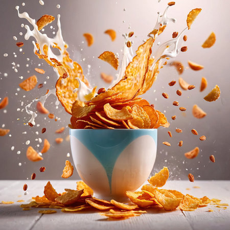 Corn flakes breakfast cereal with fresh milk, dynamic splash food photographyの素材