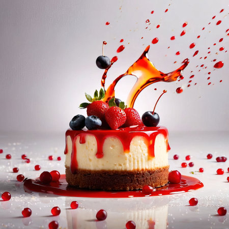 Strawberry cheesecake, dynamic food photography with splash effectの素材