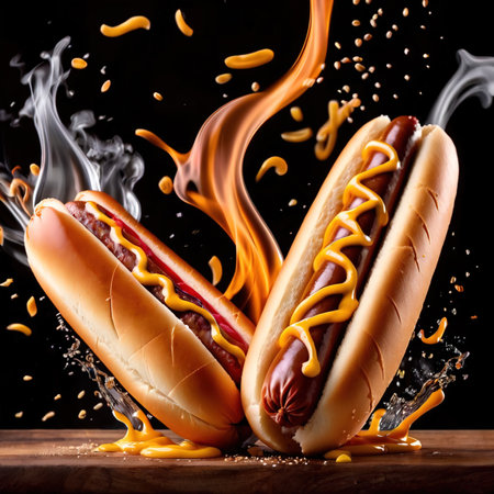 Hot dogs, sausage on bun with mustard and ketchupの素材