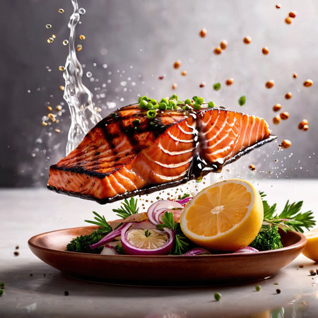 Grilled salmon fillet steak, seafood dish with saladの素材
