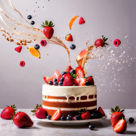 Festive decorated cake with frosting and fruitsの素材