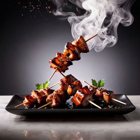 Japanese yakitori grilled chicken sewers, traditional snack foodの素材
