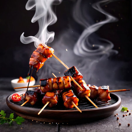 Japanese yakitori grilled chicken sewers, traditional snack foodの素材