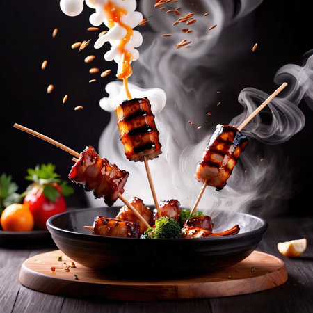 Japanese yakitori grilled chicken sewers, traditional snack foodの素材