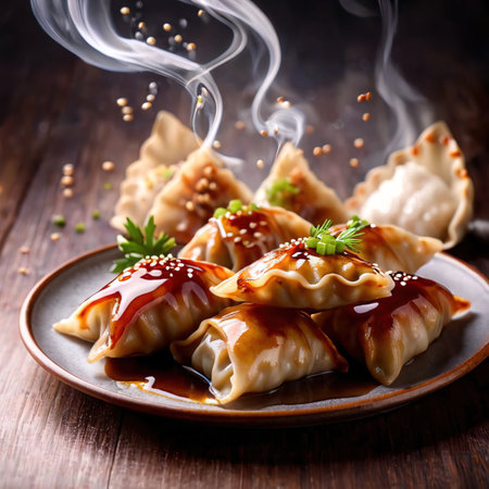 Flying food photography with japanese gyoza dumplingの素材