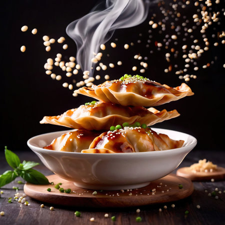 Flying food photography with japanese gyoza dumplingの素材
