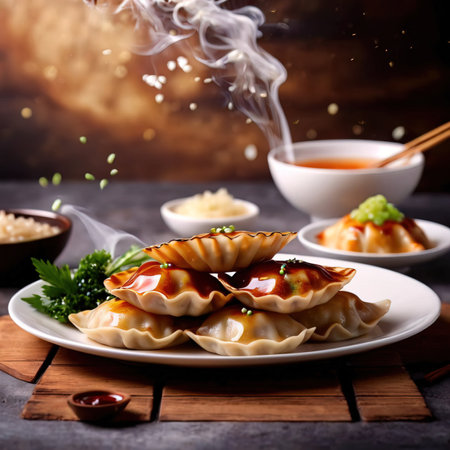 Flying food photography with japanese gyoza dumplingの素材