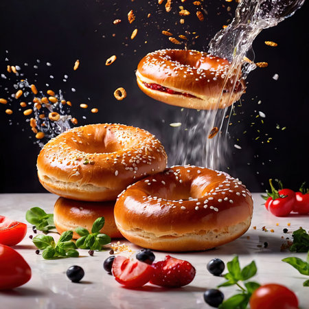 Bagel bread buns, traditional food, dynamic food photographyの素材