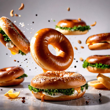 Bagel bread buns, traditional food, dynamic food photographyの素材