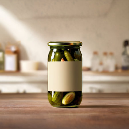 Glass jar of cucumber pickles gherkins, empty blank generic product packaging mockupの素材