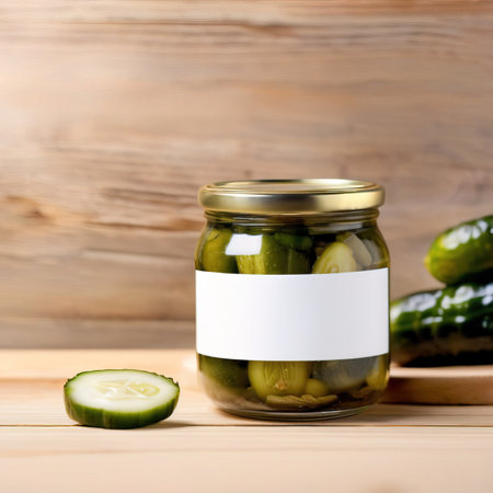 Glass jar of cucumber pickles gherkins, empty blank generic product packaging mockupの素材