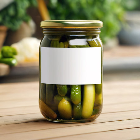 Glass jar of cucumber pickles gherkins, empty blank generic product packaging mockupの素材