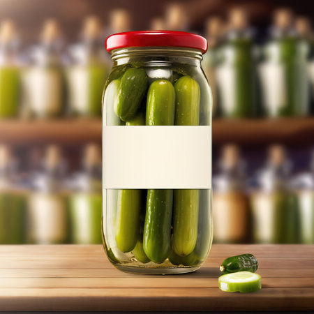 Glass jar of cucumber pickles gherkins, empty blank generic product packaging mockupの素材