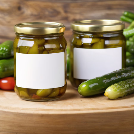 Glass jar of cucumber pickles gherkins, empty blank generic product packaging mockupの素材
