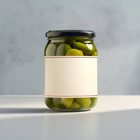 Glass jar of cucumber pickles gherkins, empty blank generic product packaging mockupの素材