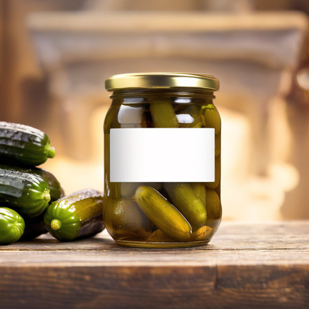 Glass jar of cucumber pickles gherkins, empty blank generic product packaging mockupの素材