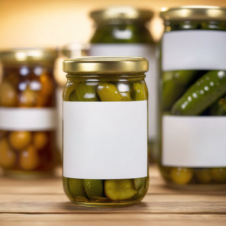 Glass jar of cucumber pickles gherkins, empty blank generic product packaging mockupの素材