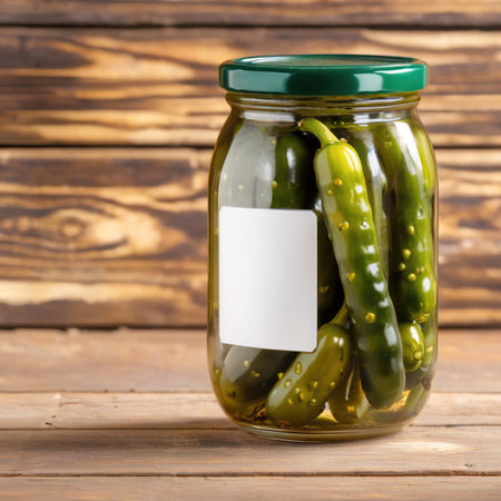 Glass jar of cucumber pickles gherkins, empty blank generic product packaging mockupの素材
