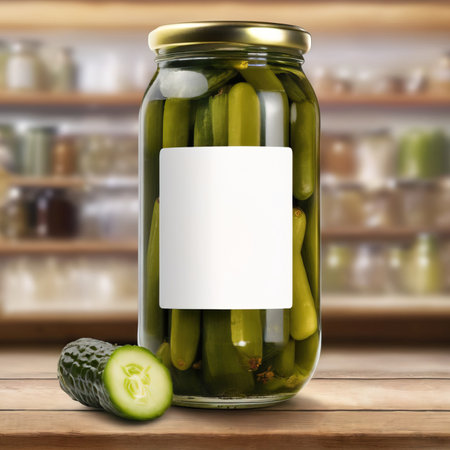 Glass jar of cucumber pickles gherkins, empty blank generic product packaging mockupの素材