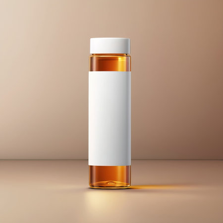 Glass bottle jar with medicine, medical healthcare treatment, blank empty generic product packaging mockupの素材