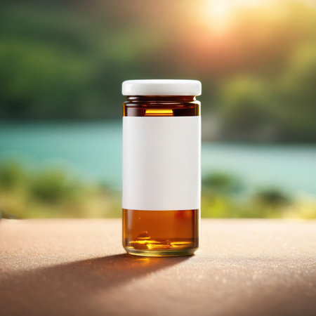 Glass bottle jar with medicine, medical healthcare treatment, blank empty generic product packaging mockupの素材