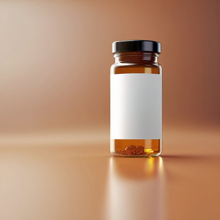 Glass bottle jar with medicine, medical healthcare treatment, blank empty generic product packaging mockupの素材