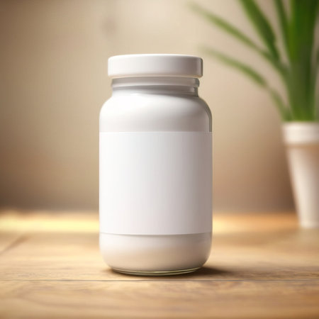 Glass bottle jar with medicine, medical healthcare treatment, blank empty generic product packaging mockupの素材